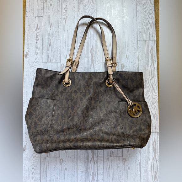 Michael Kors Handbags - Michael Kors Brown Logo Tote with Tan Straps and Gold Charm FLAWED